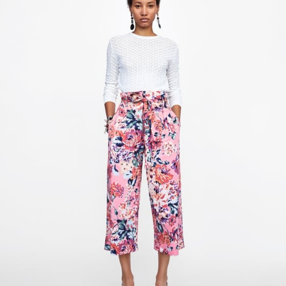Zara Womens Pants Cropped Trousers Pink Floral M